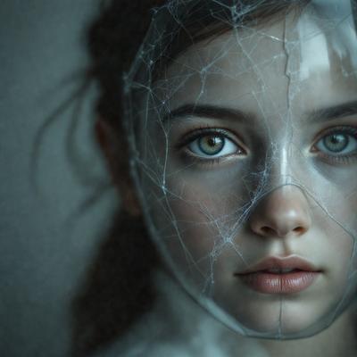 The primary subject of the image is a young girl wearing a mask. The mask is made of glass, giving it a unique and artistic appearance. The setting is a dark room, which adds to the overall mood of the image. The visual style is a combination of photo and digital art, creating a striking and intriguing image. The colors are predominantly dark, with the glass mask being the main focal point, and the overall atmosphere is mysterious and captivating.